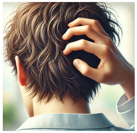 A picture of a man's head with his hand scratching his scalp