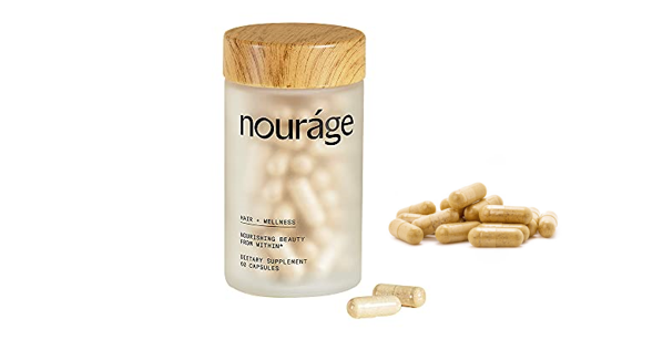 A bottle of Nourage with several pills beside it.